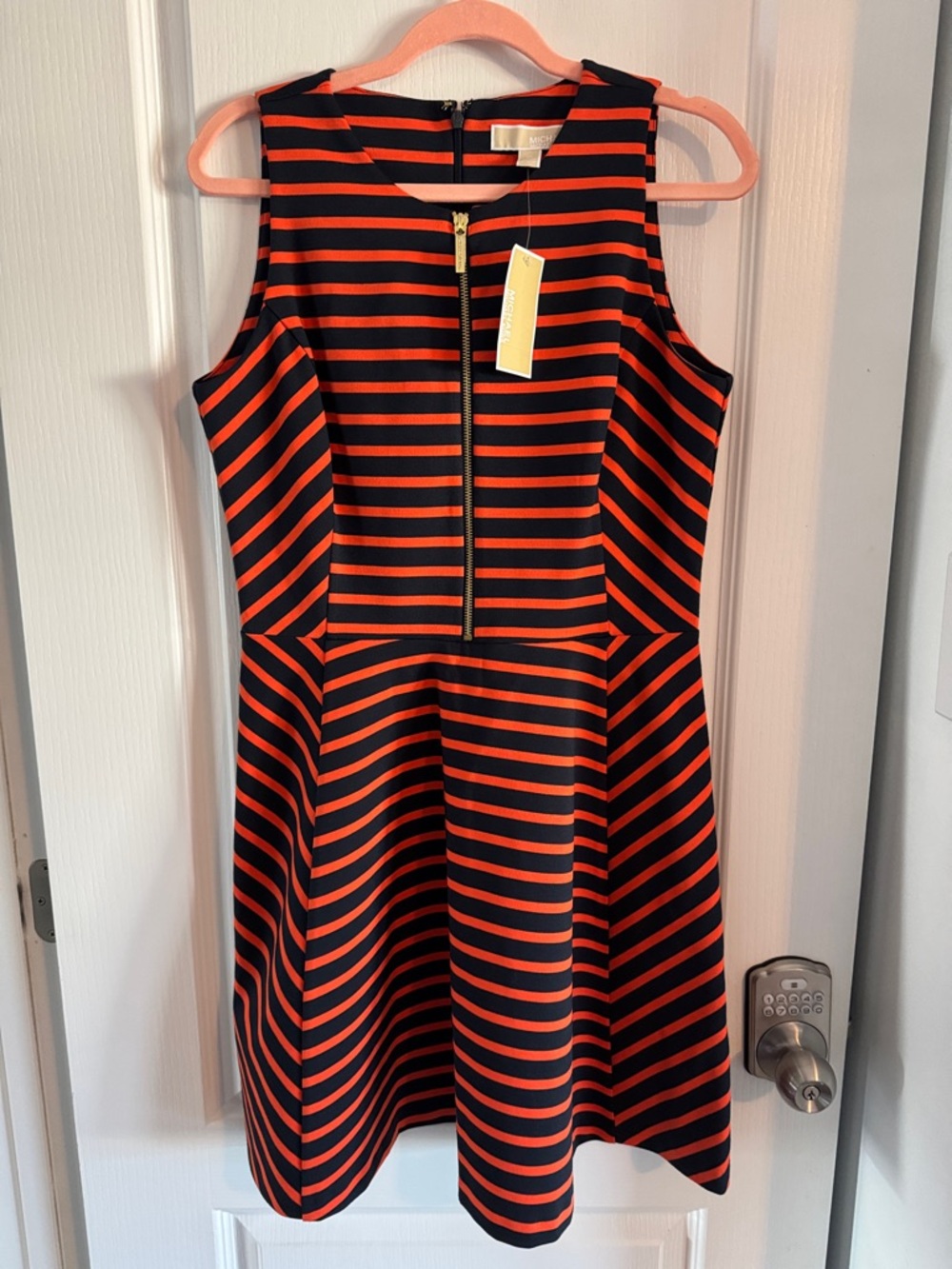 Michael Kors Sleeveless Orange and Navy Striped Fit-and-Flare Dress